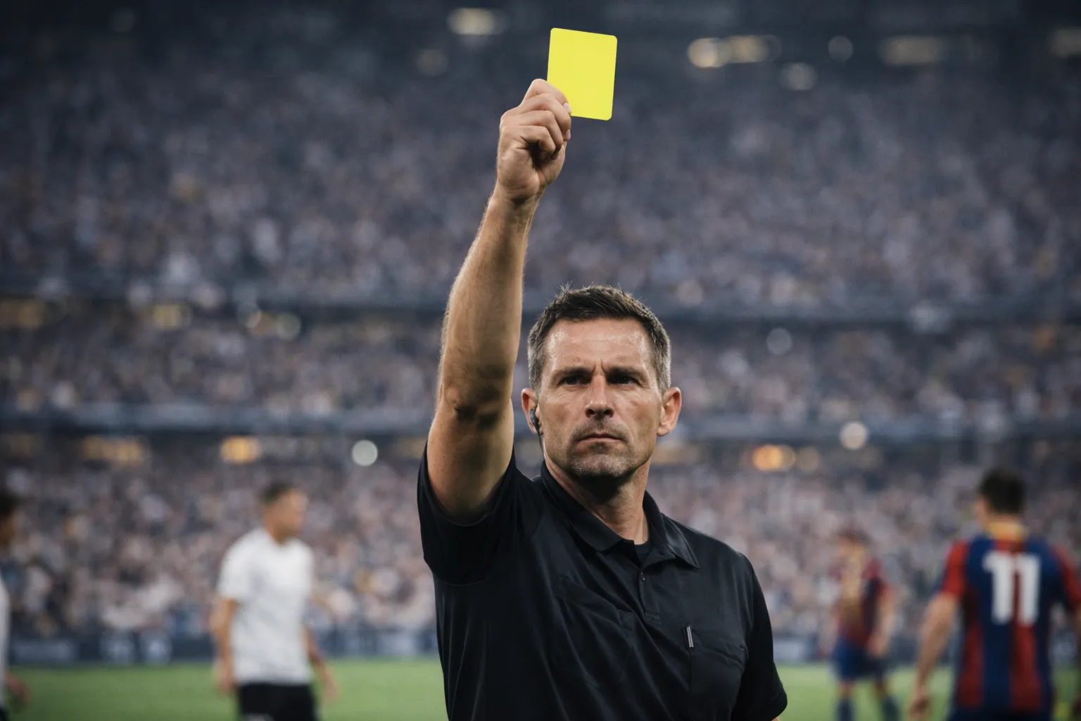 Referee holding up a yellow card during a football match