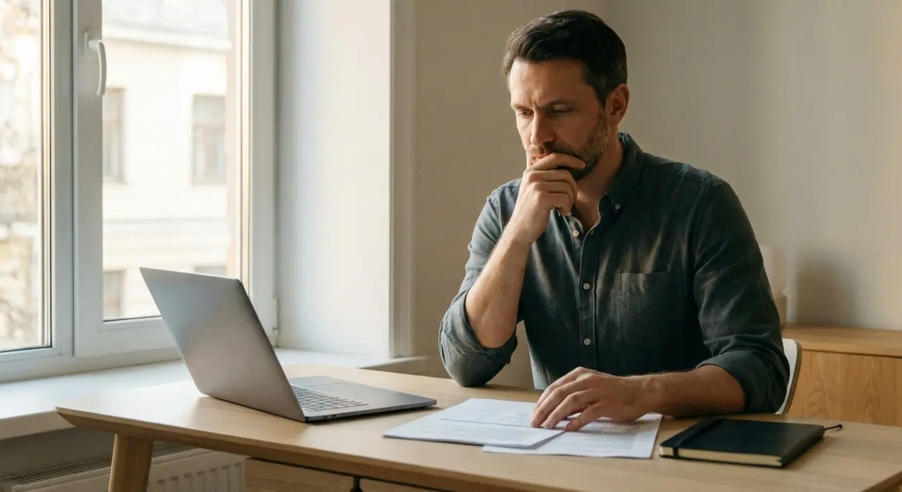 Person pausing thoughtfully before making a decision at a desk