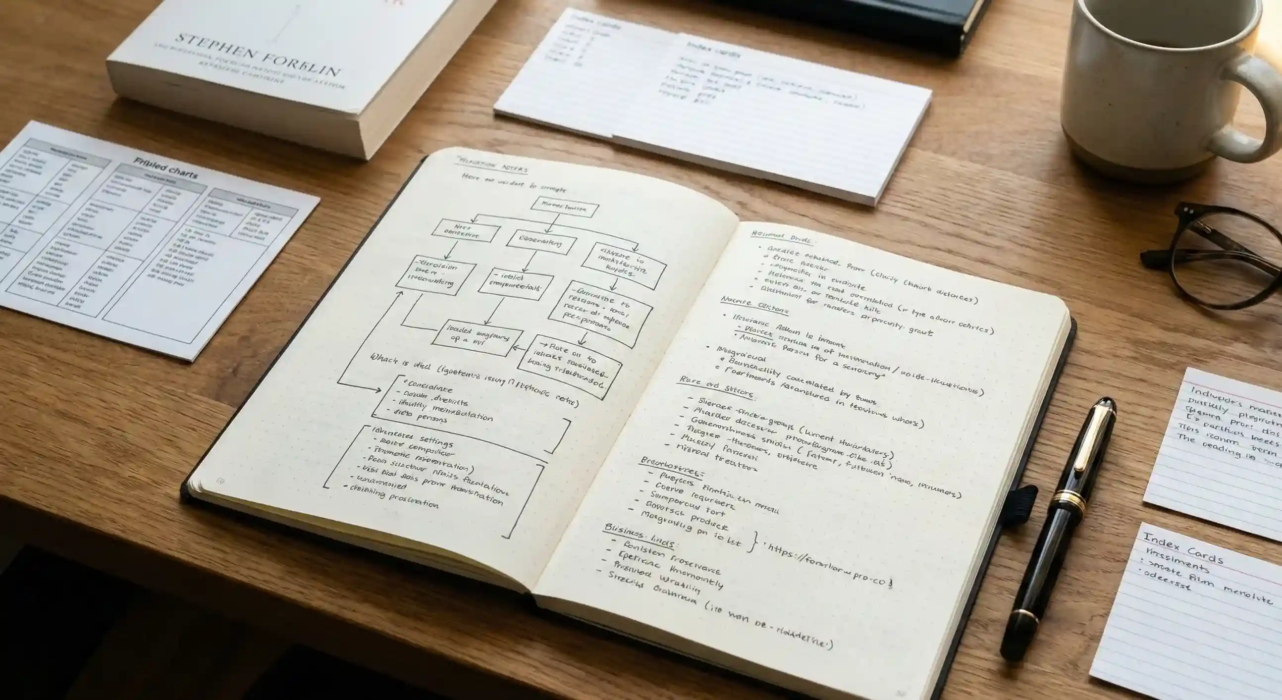 Organised desk with notebook and structured planning materials