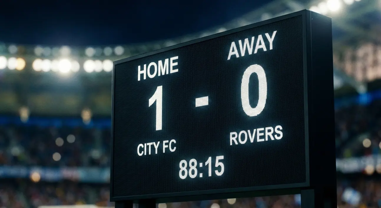 Stadium scoreboard showing a close football match score