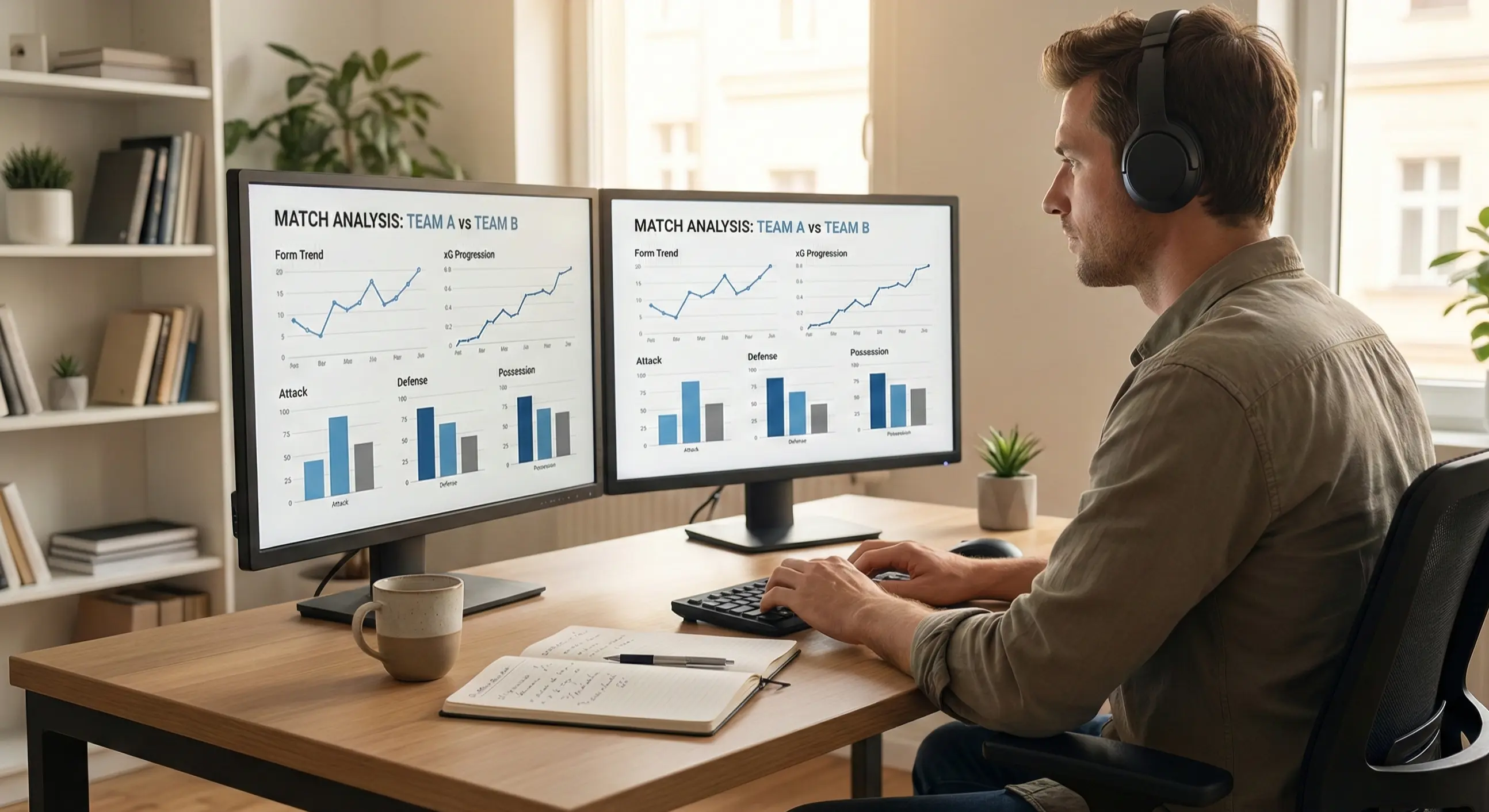 Person reviewing football match data on multiple screens