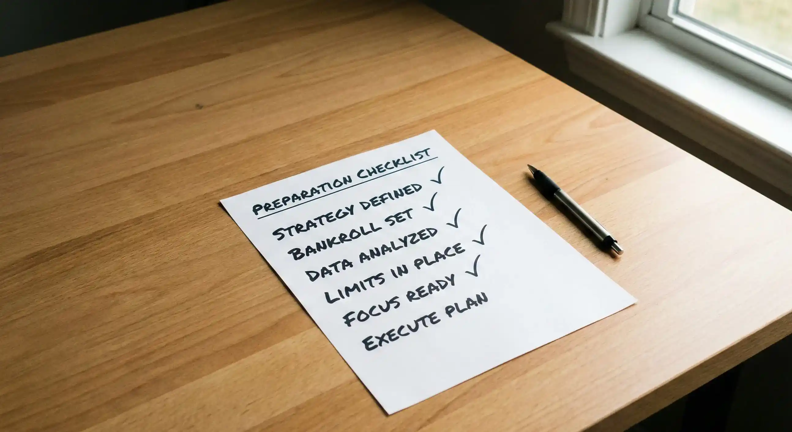Checklist document on a desk with items being marked complete