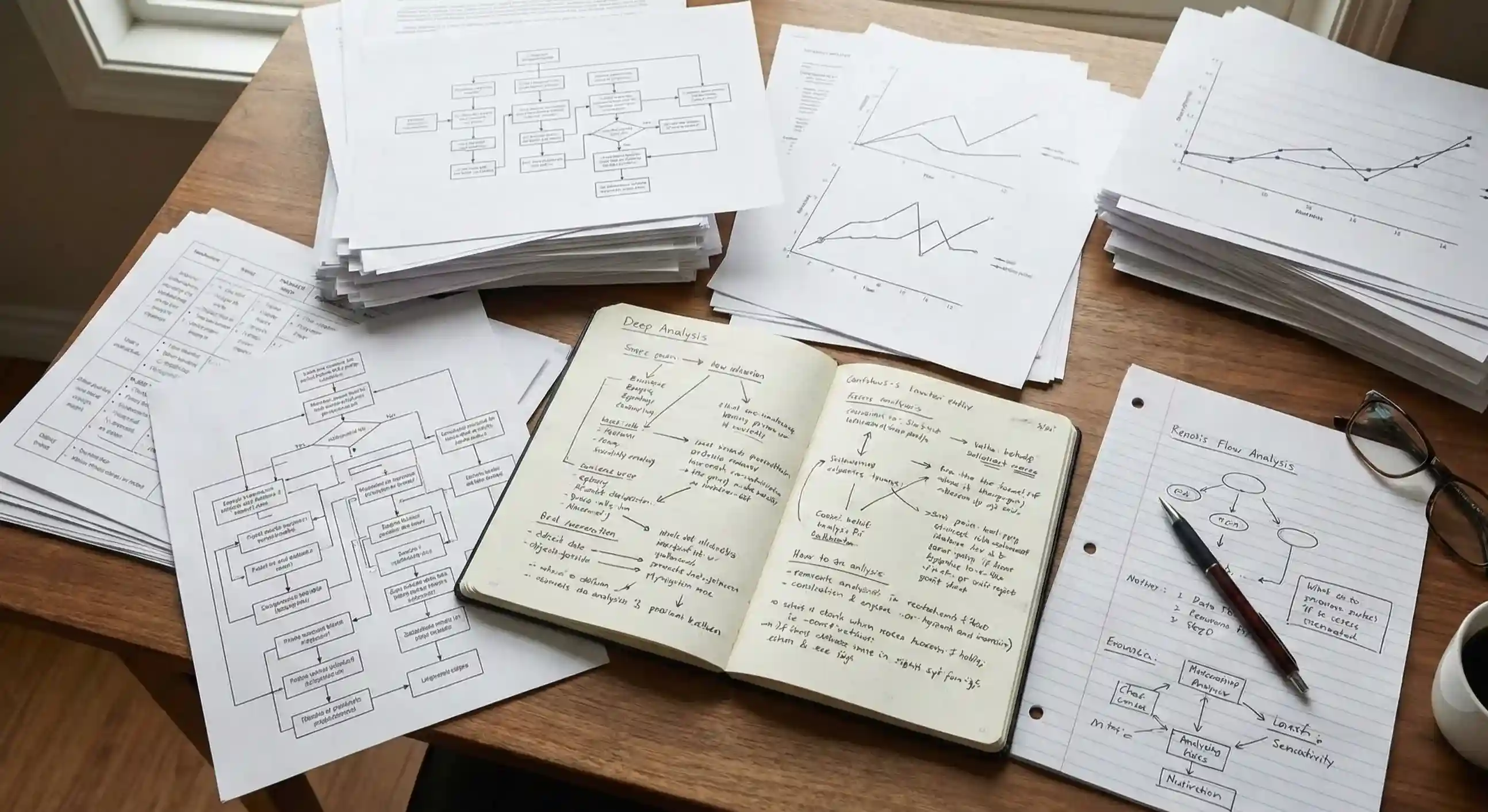 Papers and notes spread on desk showing research and analysis work