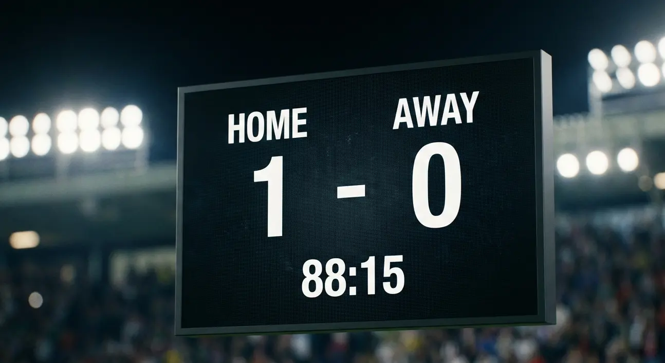 Digital scoreboard in a football stadium showing a one-goal difference