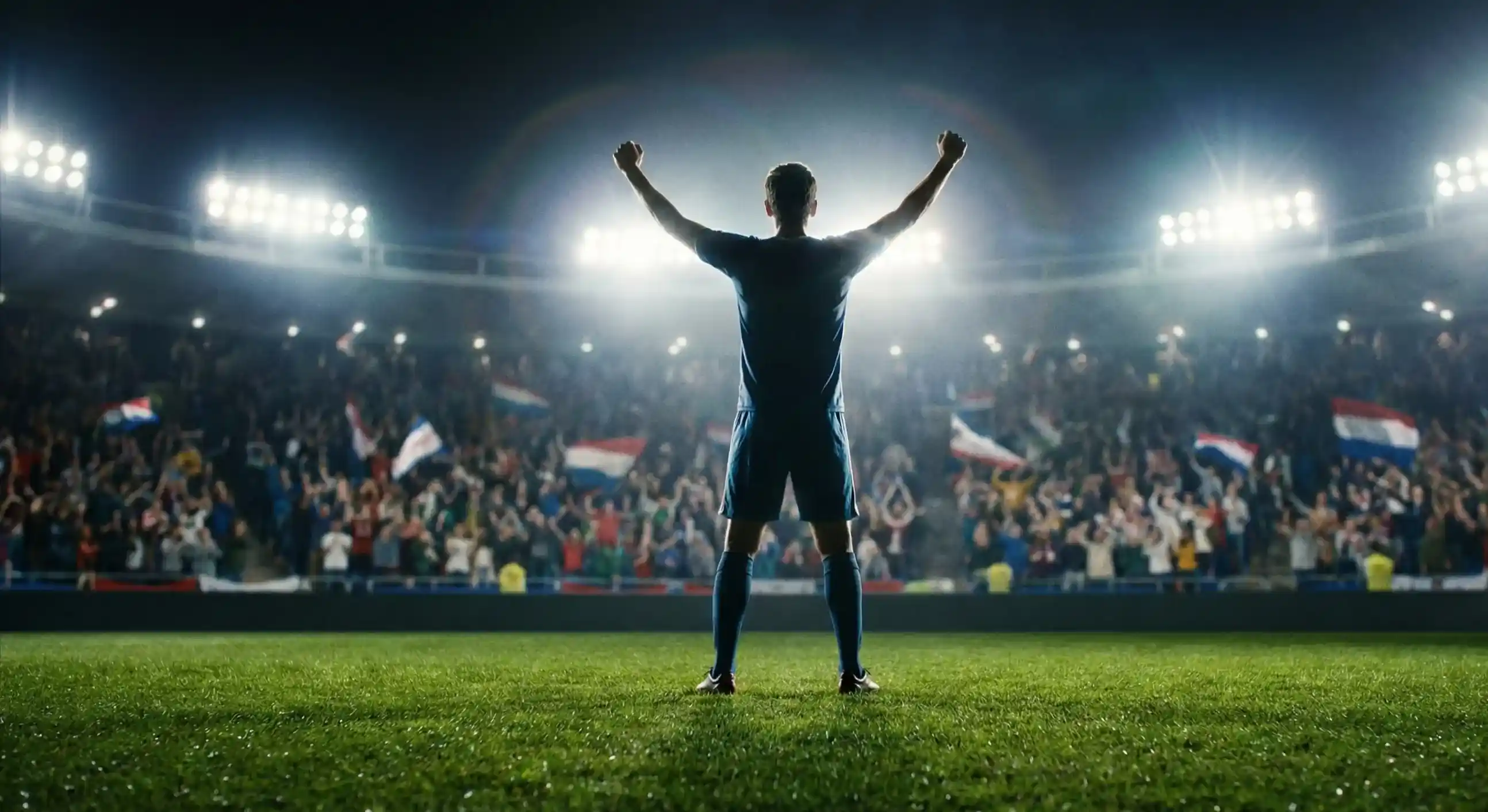 Football player celebrating a goal alone with arms raised in a stadium