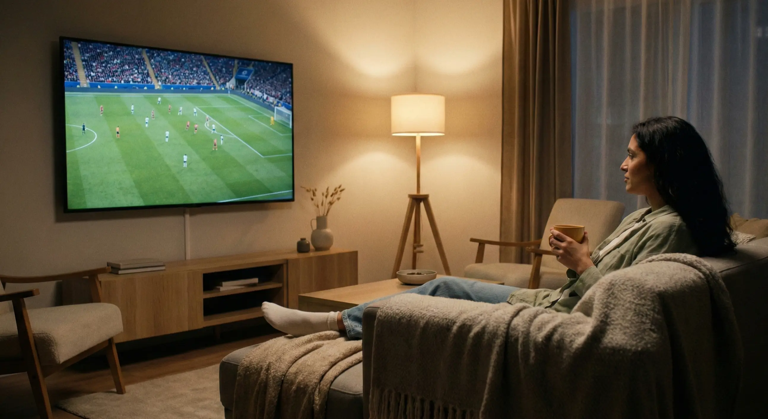 Person calmly watching a football match on television in a living room