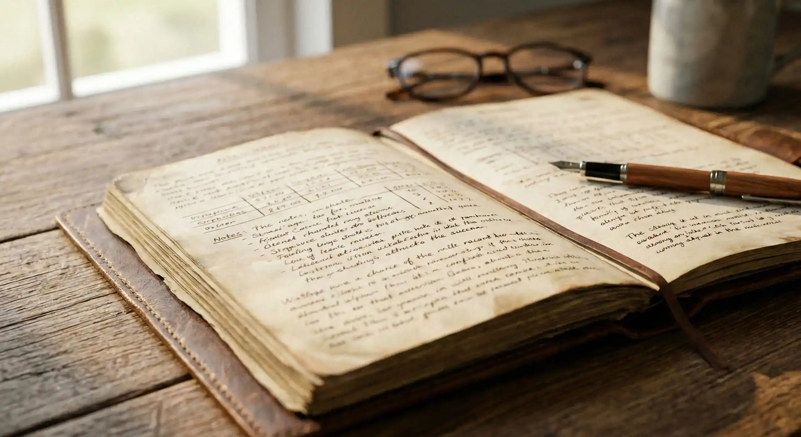 Open notebook with handwritten notes and a pen on a wooden desk