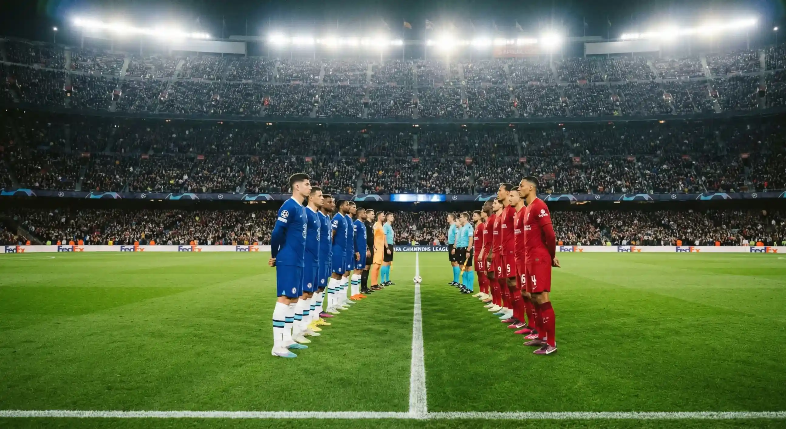 Two football teams lined up facing each other before kickoff on the pitch