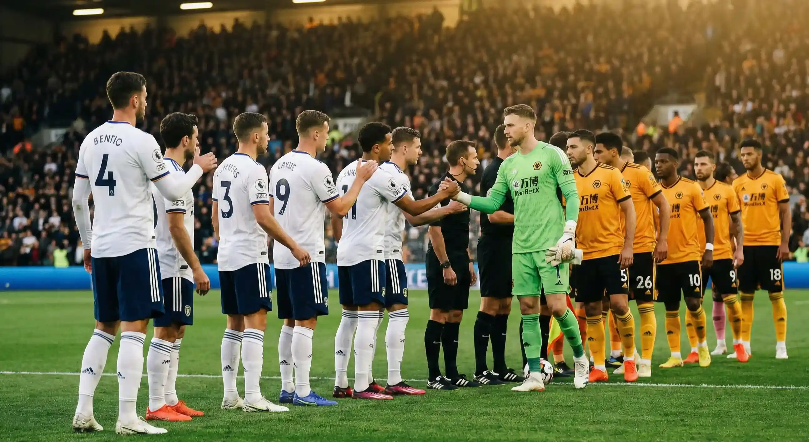 Football players from two teams shaking hands before a match on the pitch