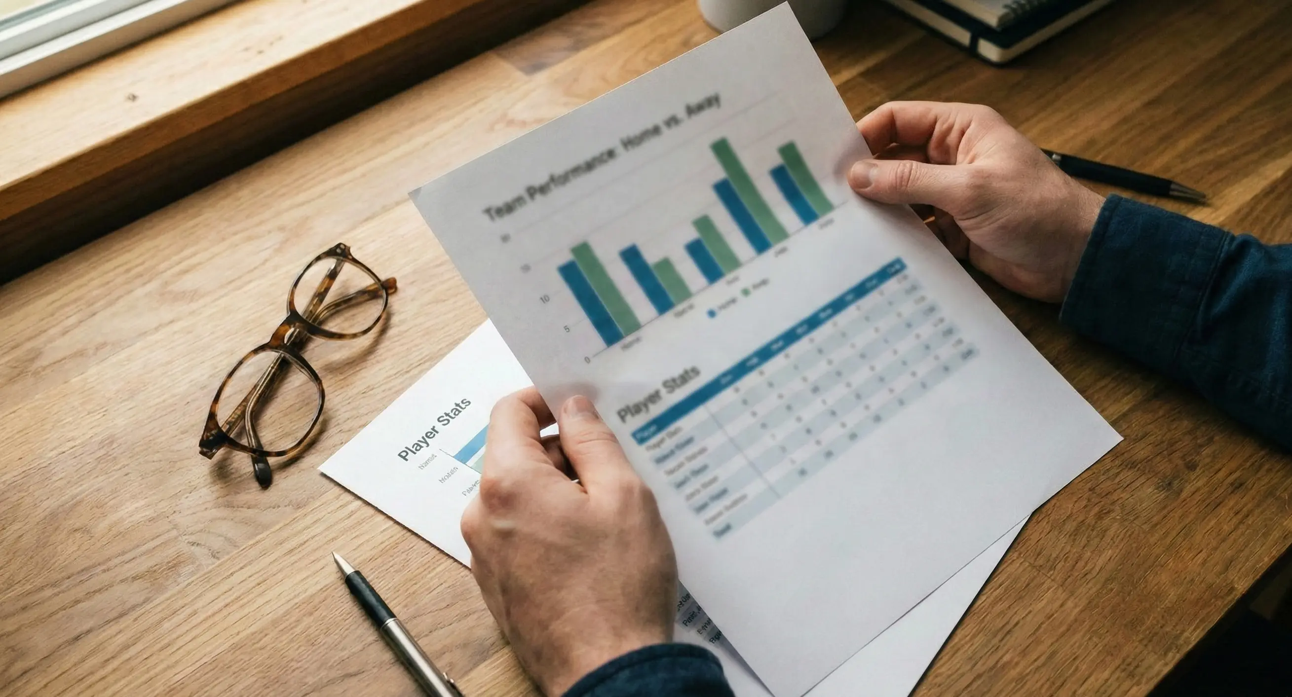 Person reviewing sports statistics on paper documents at a desk