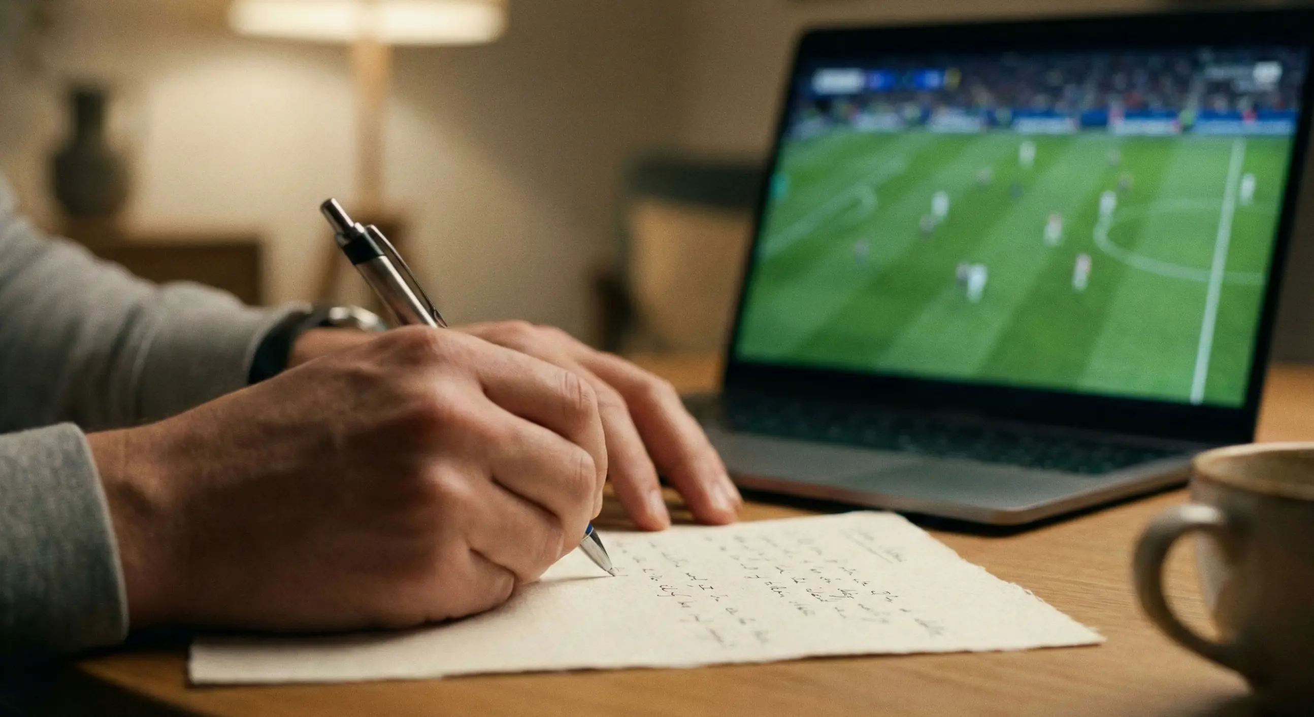 Close-up of hands writing notes while watching football on a screen