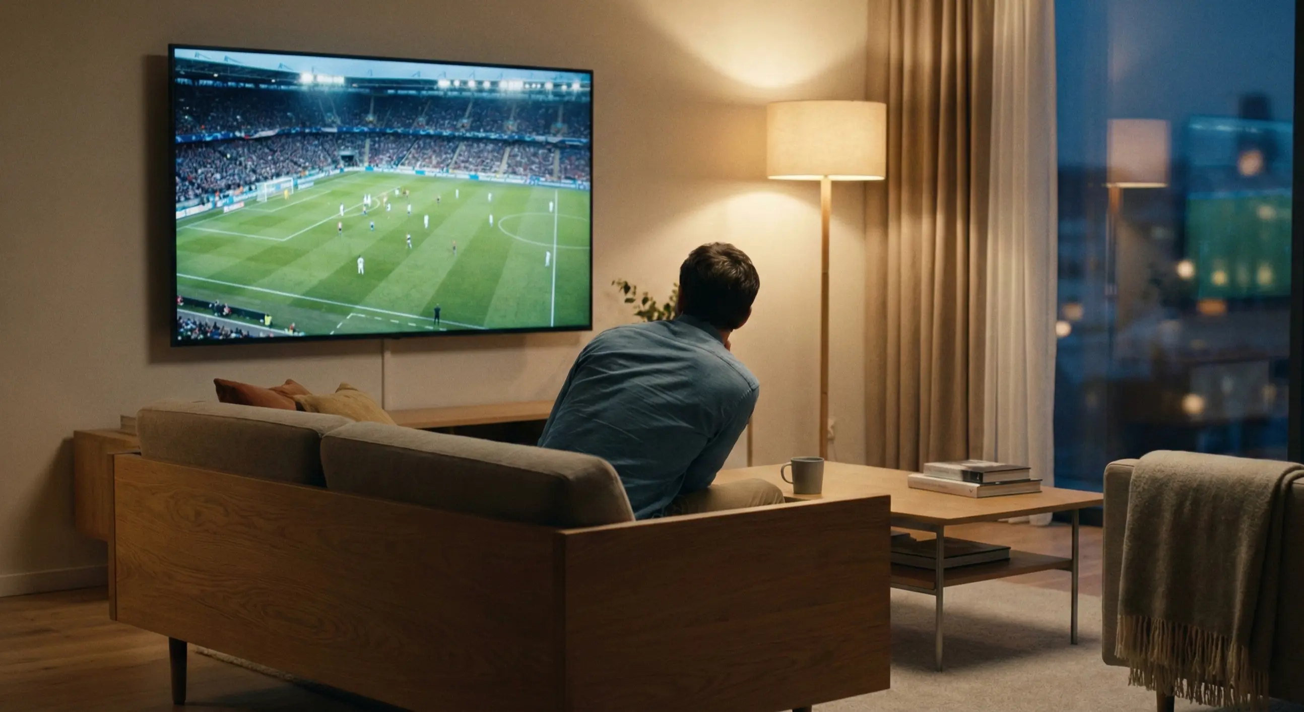 Person watching a football match intently on television from their sofa