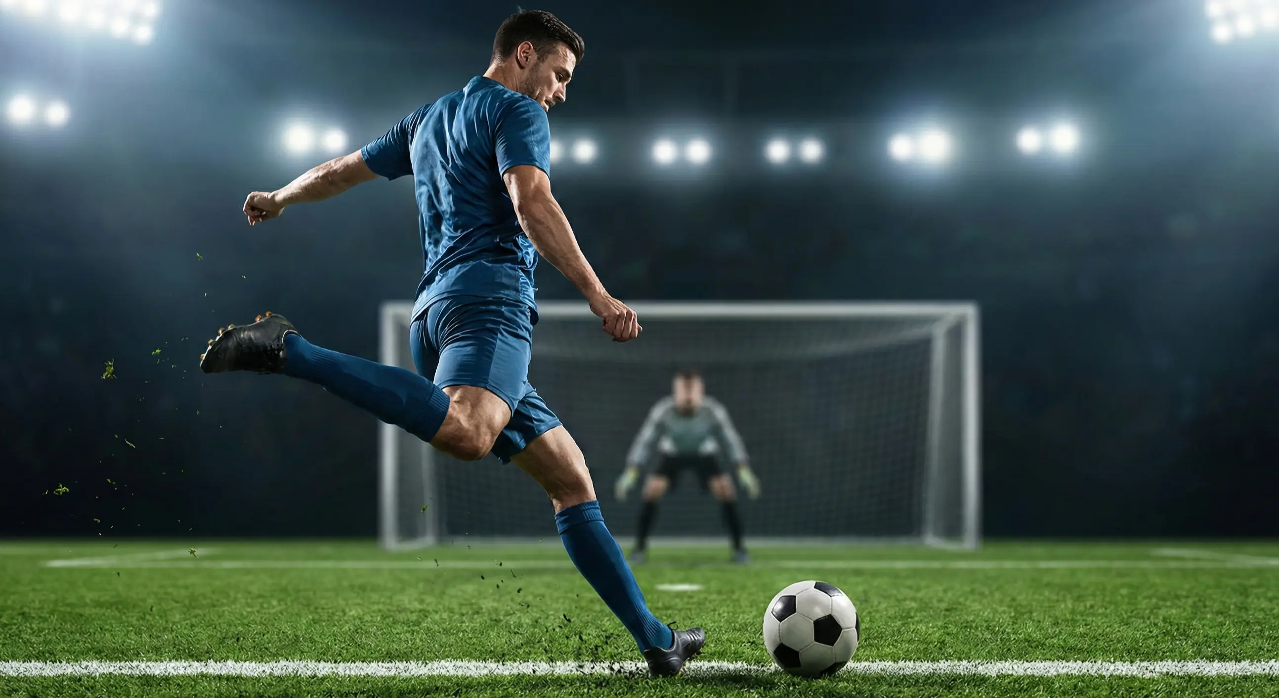 Football striker about to shoot the ball towards goal during a match