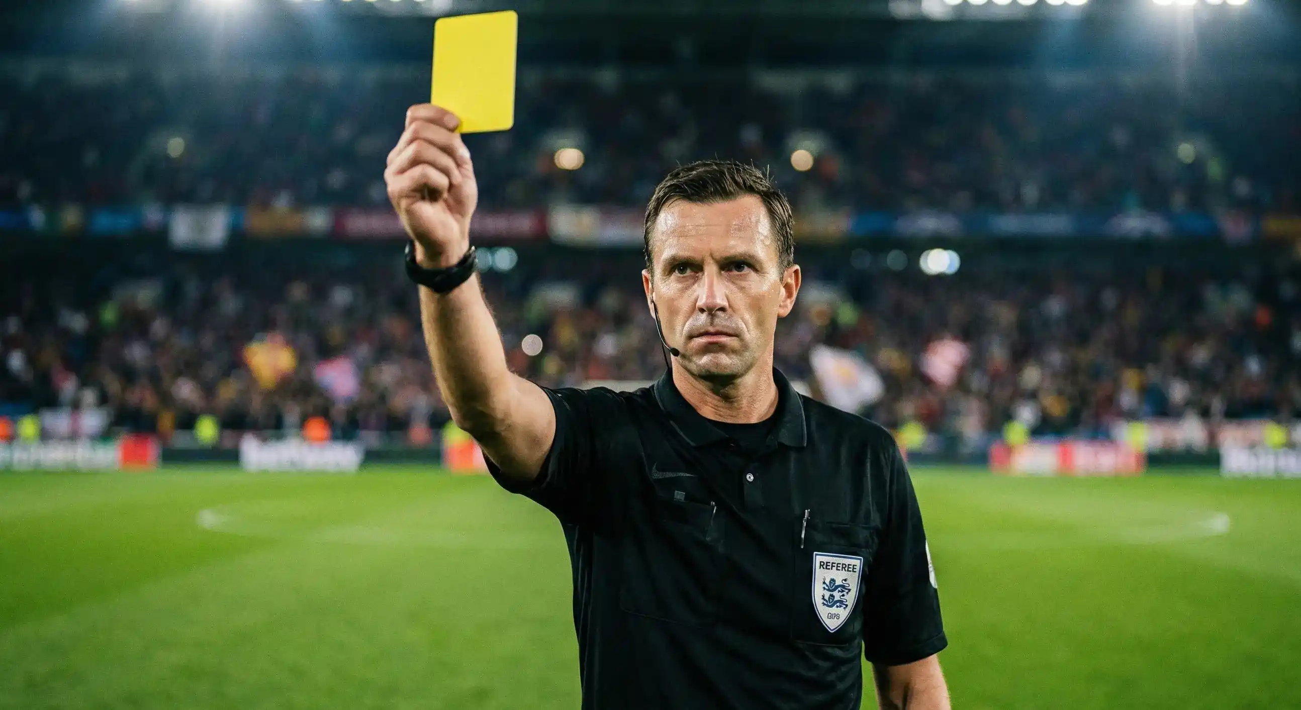 Football referee holding up a yellow card during a match