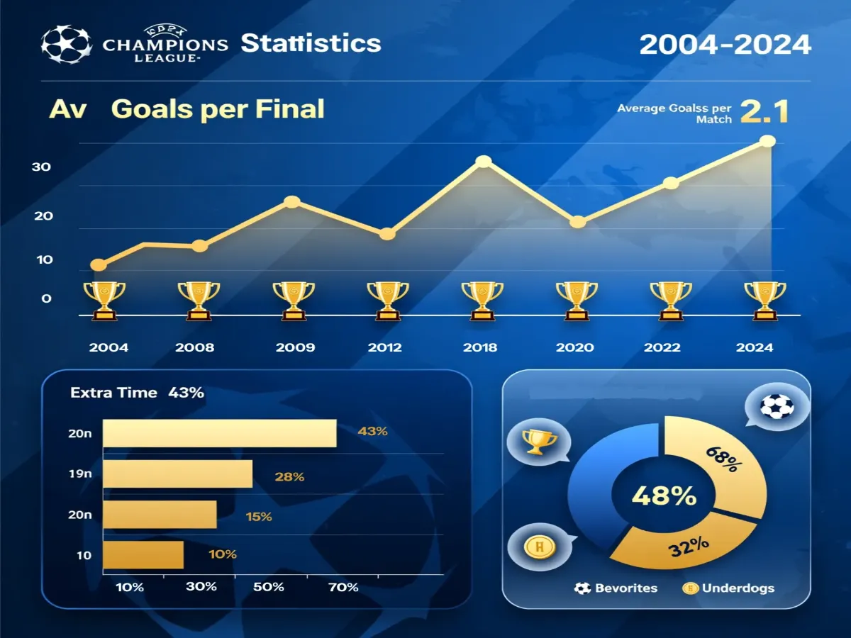 Data visualization showing Champions League finals historical betting statistics from 2004 to 2024 with goal averages and extra time percentages
