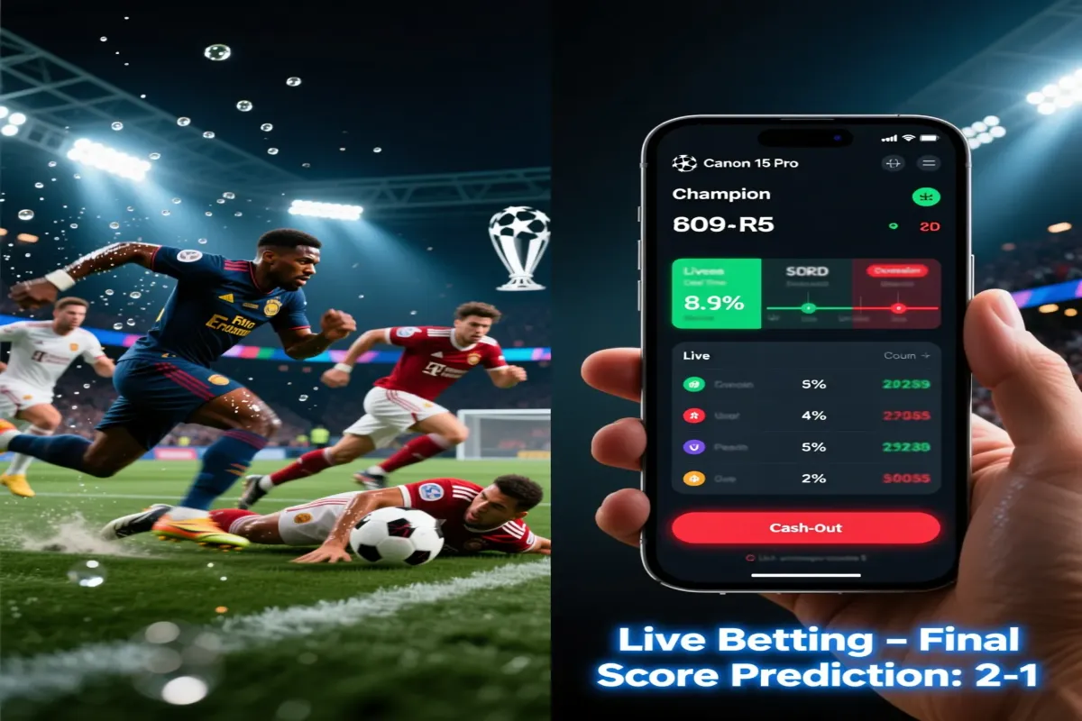 Live in play betting during Champions League final showing match action and real time betting app with changing odds