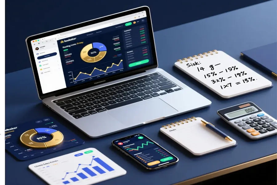 Professional betting workspace showing laptop with multiple bookmaker tabs, calculator, and portfolio tracking charts