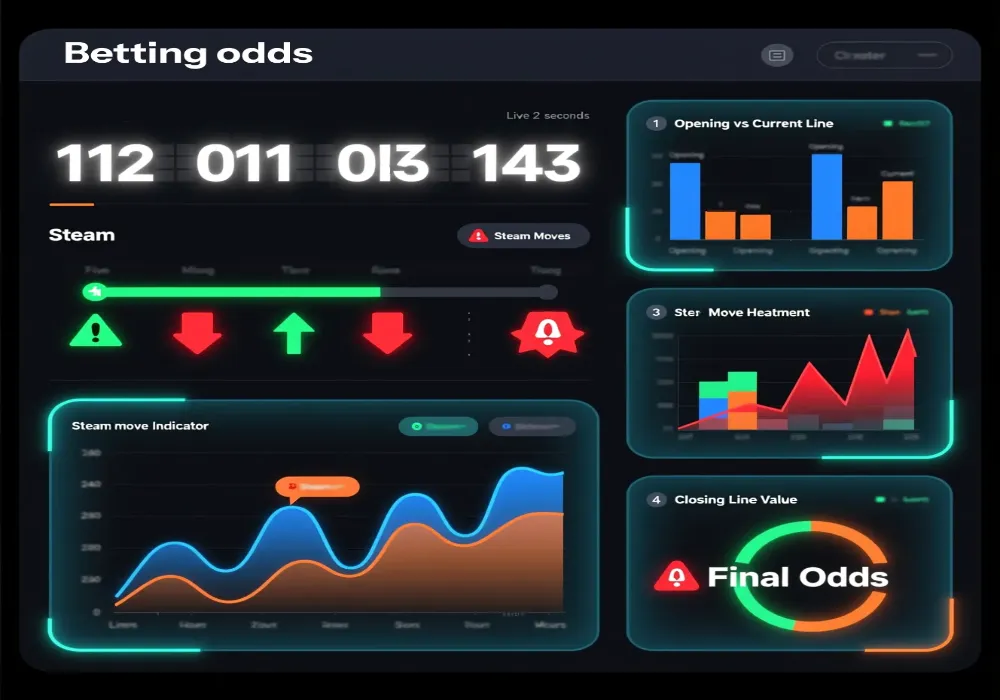 Professional real-time betting odds tracking dashboard showing live updates, steam moves, and line movements