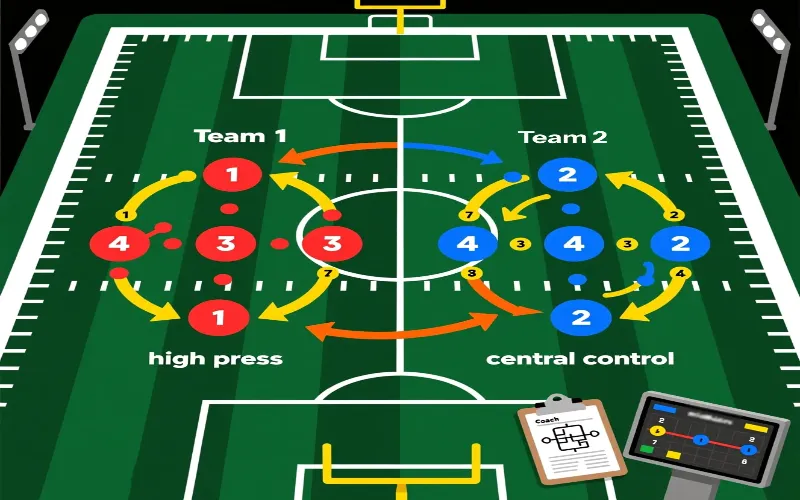 Tactical formation analysis showing 4-3-3 versus 4-4-2 with strategic movement patterns for betting insights
