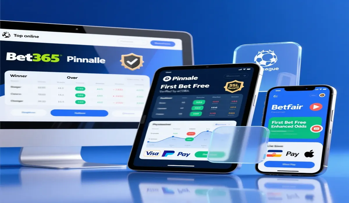 Comparison of top online bookmakers for Champions League betting showing Bet365 Pinnacle and Betfair interfaces with odds